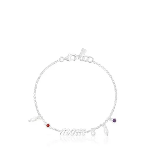 Online Silver Mom Bracelet with cultured pearls and gemstones Mama Silver Bracelets | Chain Bracelets