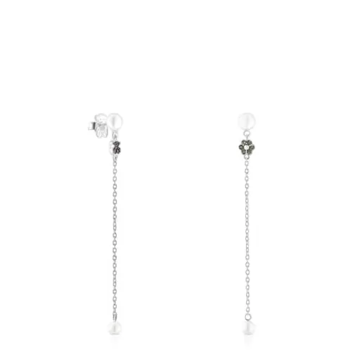 Online Silver New Motif Long Earrings with chrome diopside, amethyst and pearls Silver Earrings | Large Earrings