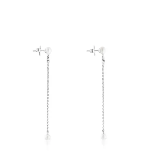 Online Silver New Motif Long Earrings with chrome diopside, amethyst and pearls Silver Earrings | Large Earrings