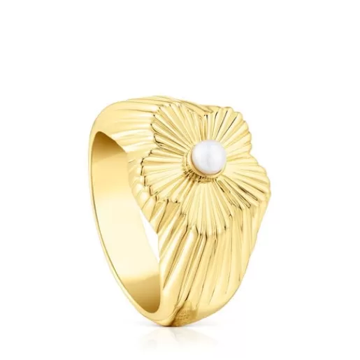 Cheap Silver vermeil flower Signet ring with cultured pearl Iris Motif Silver Rings | Large Rings