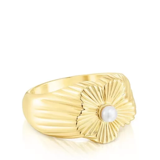 Cheap Silver vermeil flower Signet ring with cultured pearl Iris Motif Silver Rings | Large Rings