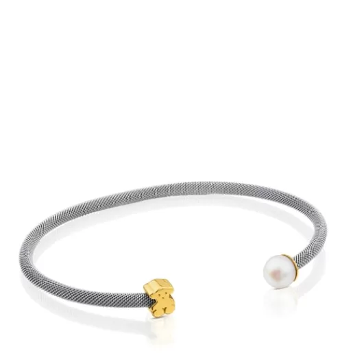 Cheap Steel and Gold Icon Mesh Bracelet with Pearl and Bear motif Gold Bracelets | Pearl Bracelets
