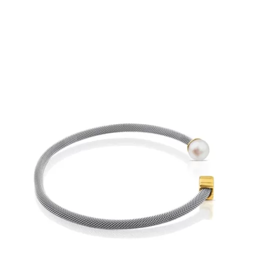 Cheap Steel and Gold Icon Mesh Bracelet with Pearl and Bear motif Gold Bracelets | Pearl Bracelets