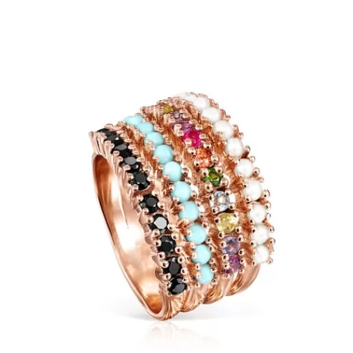 Outlet Straight Ring in Rose Silver Vermeil with multicolor Gemstones Silver Rings | Medium Rings
