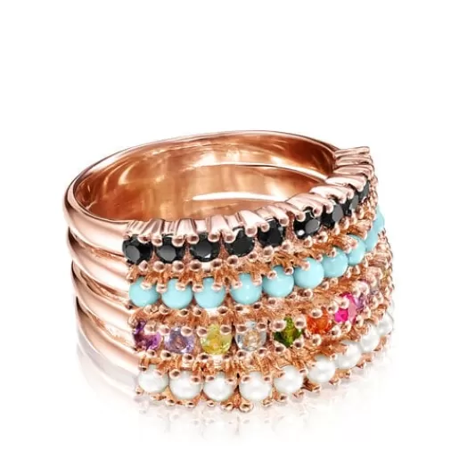 Outlet Straight Ring in Rose Silver Vermeil with multicolor Gemstones Silver Rings | Medium Rings