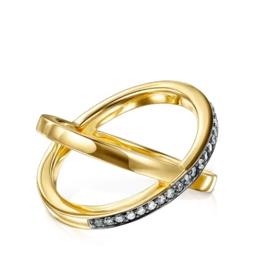 Outlet Nocturne crossed Ring in Silver Vermeil with Diamonds 2,2cm. Silver Rings | Diamond Rings